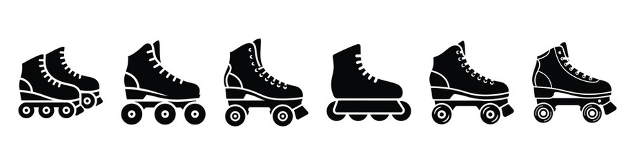Vector set illustration of roller skates icons. Simple transport silhouette icon design collection.