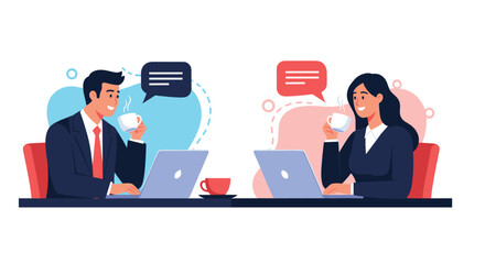 Professional man and woman working on laptops while drinking coffee and communicating with each other through digital speech bubbles.