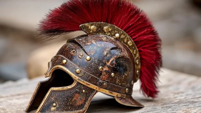 Historic Roman helmet with red plume displayed in a natural setting with blurred background