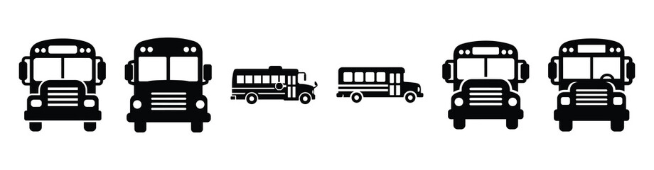 Vector set illustration of school bus icons. Simple transport silhouette icon design collection.