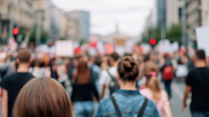 Obraz premium Group of protesters marching through city street during demonstration 