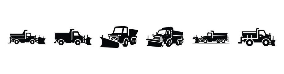 Vector set illustration of snow plow truck icons. Simple transport silhouette icon design collection.
