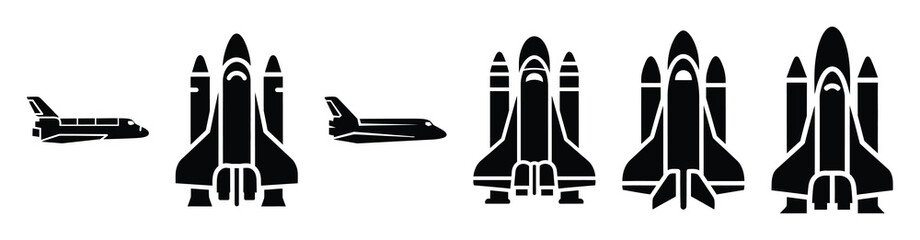 Obraz premium Vector set illustration of space shuttle icons. Simple transport silhouette icon design collection.