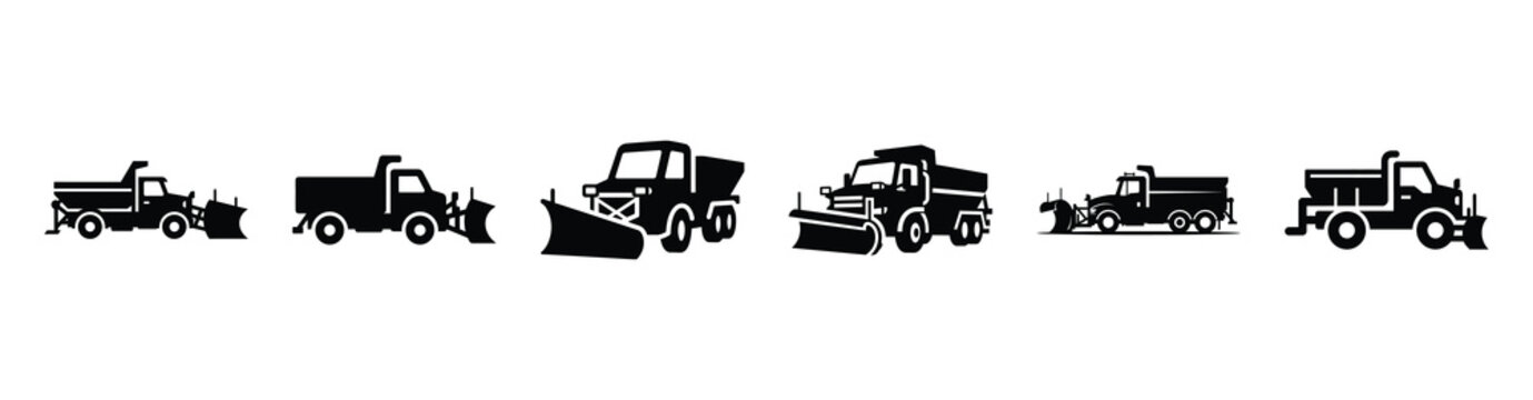 Vector set illustration of snow plow truck icons. Simple transport silhouette icon design collection.