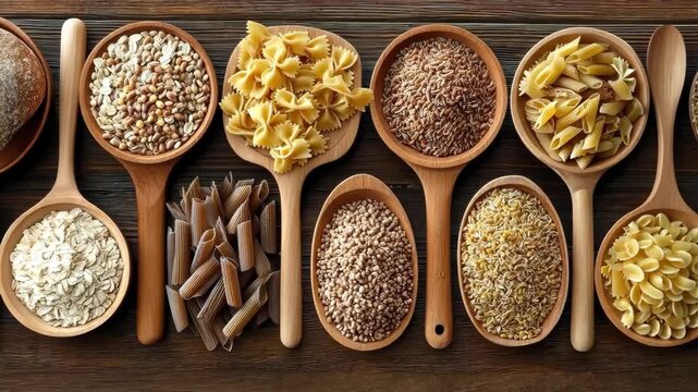 Selection of grains, pasta, and cereals arranged on wooden spoons on a table with natural textures and colors