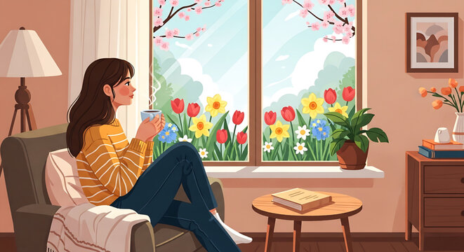 A woman enjoying a warm cup of tea while looking out at a beautiful spring garden through a window