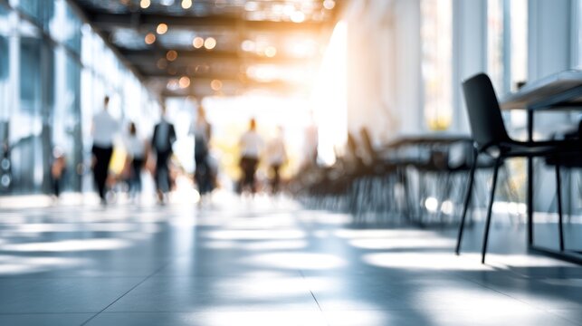 Blurred figures navigating a brightly lit modern office corridor during day