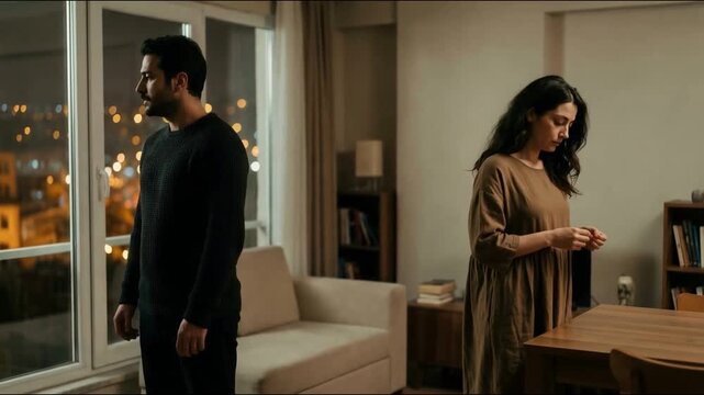 A sad couple standing apart in their living room at night, expressing emotional distance, heartbreak, and the painful reality of separation and lost love.