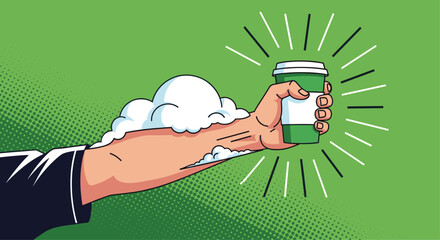 Strong arm with fluffy clouds holding a green and white disposable coffee cup against a vibrant green background.