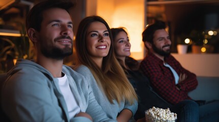 Fototapeta premium Group of friends watching movie and enjoying popcorn at home 
