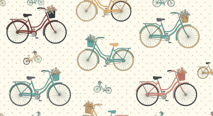 Seamless pattern featuring various vintage style bicycles with flower baskets on a cream background with small dots.