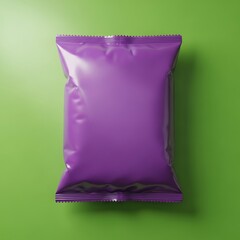 Purple plastic resealable snack food packaging on green background  empty blank foil bag