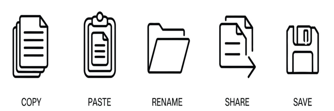 File Action icons, vector symbols for cut, copy, paste, rename, share, save, and delete operations, minimalist line and glyph style, isolated on white background, perfect for software UI, websites, ap