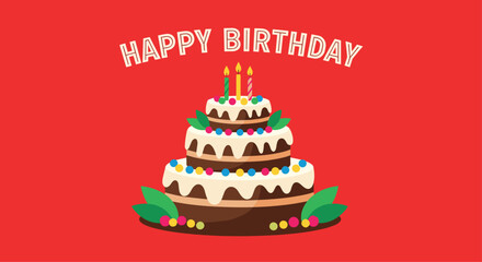 Three-tier chocolate birthday cake with white frosting, colorful decorations, green leaves, and three lit candles.