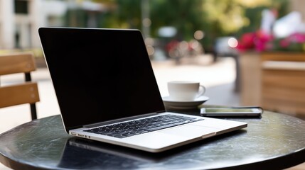 Laptop and smartphone on table with coffee in outdoor cafe setting  