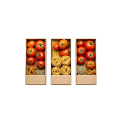 Tomatoes and pasta in boxes