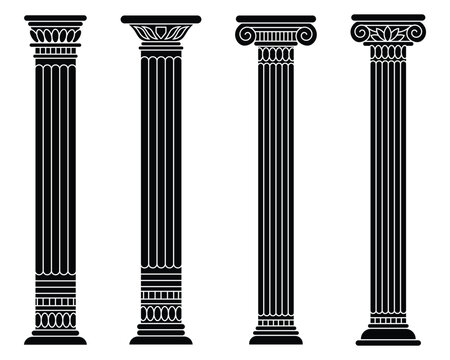 Ancient architecture pillars vector illustration. Ancient greek column icon. Ancient Greek Roman architectural pillars icon collection isolated on white background. Pillar Columns icon vector.