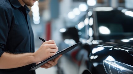 Man inspecting a car and taking notes in an auto repair shop  