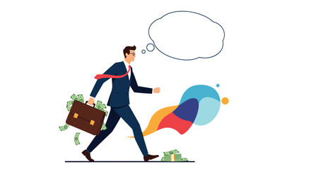 Happy businessman walking with a briefcase full of money and a thought bubble against a bright colorful backdrop.