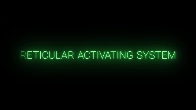 Flickering neon green glowing reticular activating system sign animated black background.