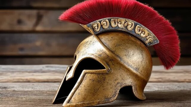 Exploring a Roman gladiator helmet from ancient history in a simple wooden display setup in bright light