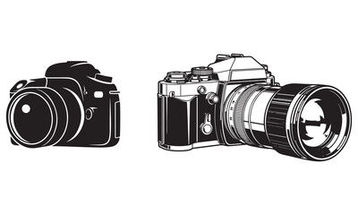 Professional Camera Vector Illustration Set &ndash; DSLR, Lens, and Photography Equipment in Black and White Style