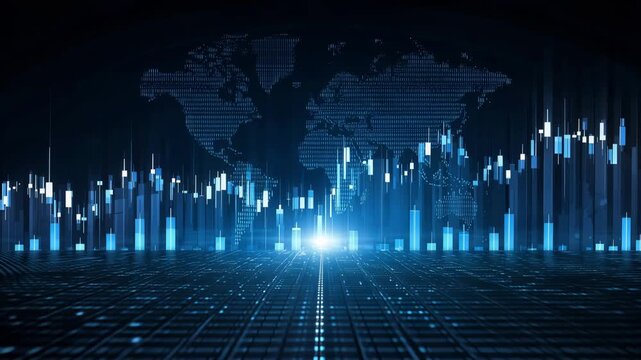 Futuristic global digital world map with glowing data grid floor and financial chart lights