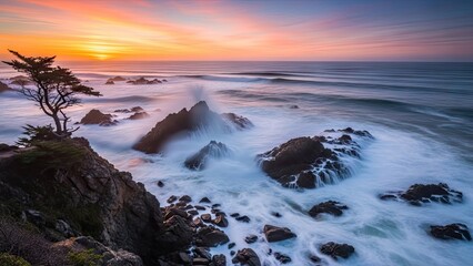 Obraz premium A serene coastal landscape with waves crashing against rocky shores at sunset