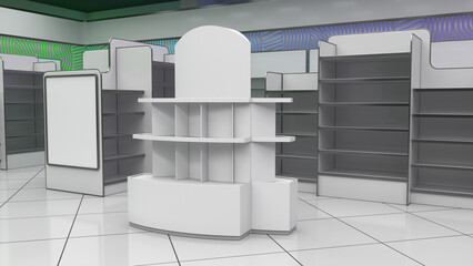 Retail store interior with cardboard POS display stand, empty shelving, banners and colored walls with striped pattern. 3d illustration © Wire_man