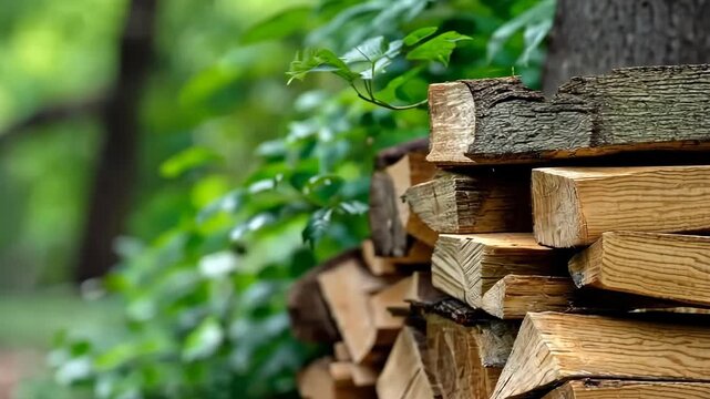 Wood stacks placed near green trees in a forest during daytime
