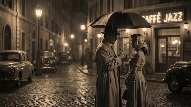 Romantic vintage couple sharing an umbrella on a rainy night street near a jazz caf&eacute;, evoking classic love, nostalgia, and cinematic old-town atmosphere.	