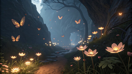 Magical Enchanted Forest Valley with Glowing Flowers and Flying Butterflies at Dusk