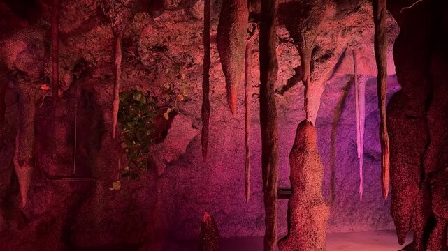 Bats in flight inside a limestone cave with stalactites and stalagmites, lit by blue purple light. Underground wildlife scene for nature, geology, adventure, spooky travel and conservation.