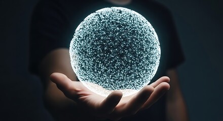 Person holding glowing sphere with intricate patterns in dark background hands
