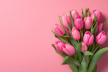 Fototapeta premium Fresh Pink Tulips Bouquet on Soft Pastel Pink Background with Ample Copy Space, Delicate Spring Flowers