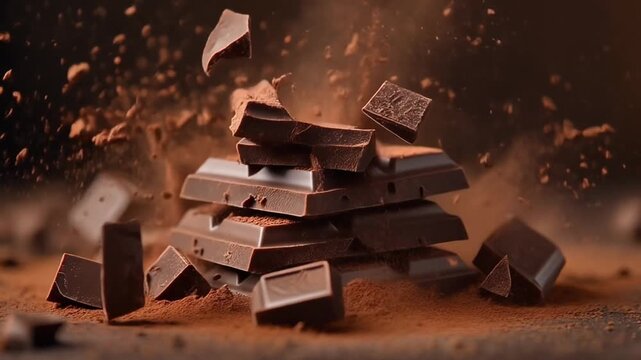 Dark chocolate pieces falling onto a stack of chocolate bars, creating a splash of cocoa powder.