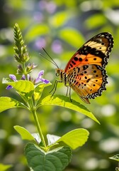 Obraz premium Brilliant orange patterned insect rests upon vibrant green foliage near small purple blossoms