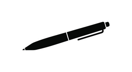 A simple black and white silhouette of a ballpoint pen depicted at a slight angle on a white background