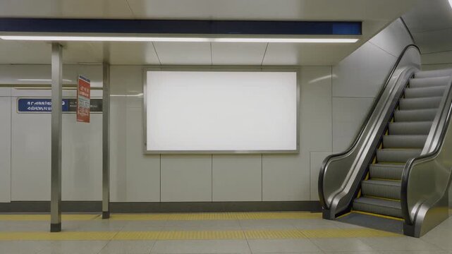 Empty advertising billboard mockup in a modern subway station with an escalator