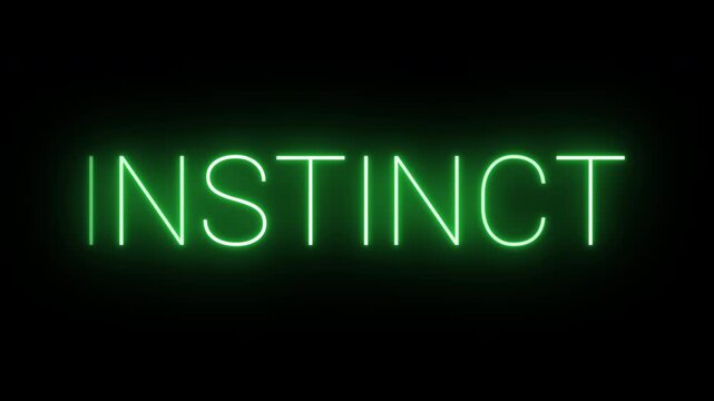 Flickering neon green glowing instinct sign animated black background.