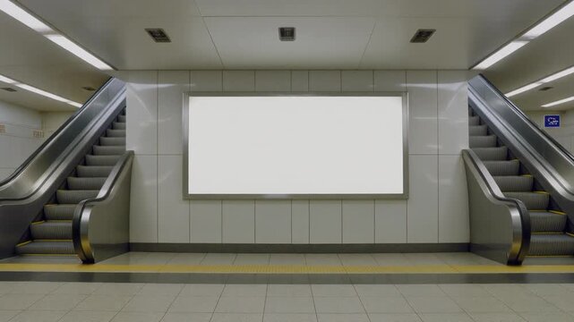 Blank Advertising Billboard Mockup Between Escalators in Subway Station