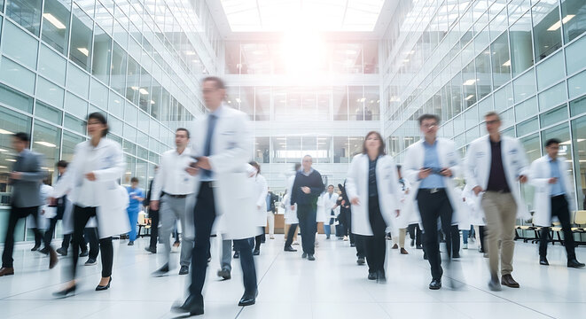 Dynamic team of doctors and nurses swiftly move through a modern hospital, creating a bustling scene of urgent healthcare and collective purpose, illustrating efficient medical operations