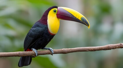 Fototapeta premium Close-up of a colorful toucan perched on a branch in a lush rainforest setting.
