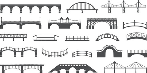 Diverse bridge designs and styles in minimalist line art isolated on transparent background