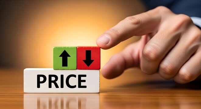 Business Price Adjustment: Hand choosing green up and red down arrow blocks for price text, market inflation, cost analysis, financial strategy and trade concept