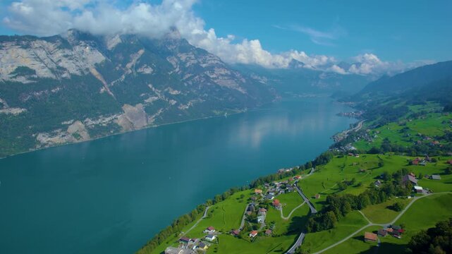 Aerial view around the lake walensee in Switzerland on a sunny day in summer.