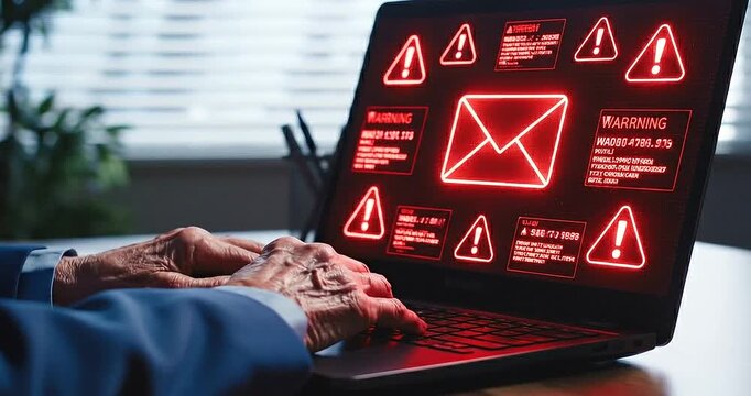 Hacker alert on laptop screen with warning signs and email icon, cybersecurity concept for website or presentation