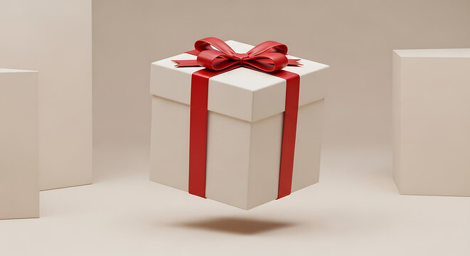 A beautifully wrapped gift box with a vibrant red ribbon on a white surface. isolated on transparent background, isolated on white background, illustration