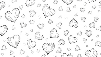 Fototapeta premium Charming hand drawn pattern of various sized hearts with delicate linework and textures scattered across a white background.