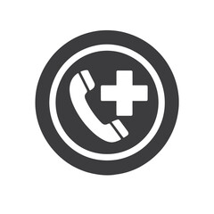 Obraz premium A black circular icon depicting a telephone handset and a medical cross